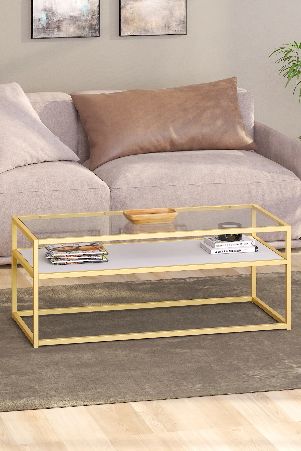 Modern Metal Iskeletli Temper Camlı 2 Katlı Dikdörtgen Orta Sehpa Beyaz-gold-şeffaf Modern Metal Iskeletli Temper Camlı 2 Katlı Dikdörtgen Orta Sehpa Beyaz-gold-şeffaf