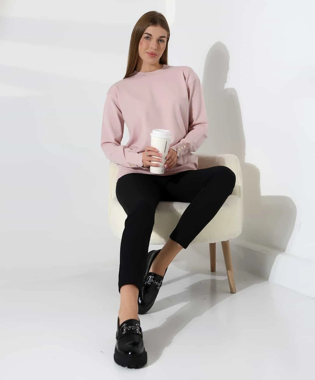 Gündelik Şıklık Kol Düğme Detay Triko Kazak Pembe