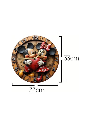Mickey Ve Minnie Temalı Mdf Duvar Saati 33 Cm, 3d Görünümlü, 2d Hd Baskı Sdw232 Renkli