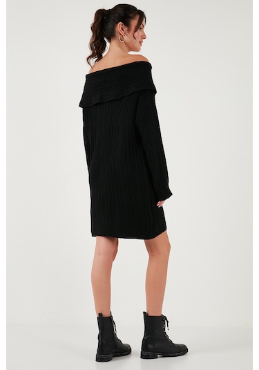 Lela Oversize Fit Kayık Yaka Uzun Kollu Mini Triko Bayan Elbise 4615218 Siyah