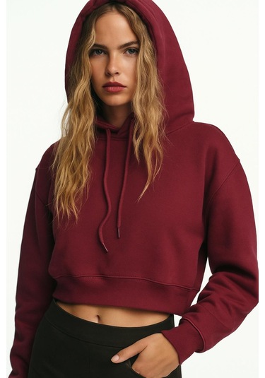 Üç İplik Kapüşonlu Crop Sweat Bordo
