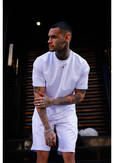 Beyaz Renk Bisiklet Yaka Şort Tişört Takım-1704 Beyaz