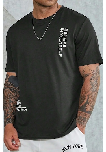 Erkek Belive İn Yourself Baskılı Oversize Tshirt Siyah