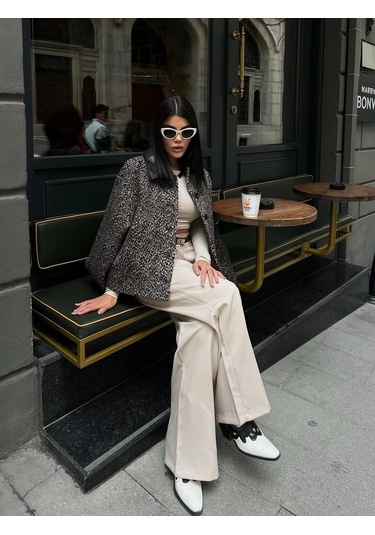 Cemo Leopar Desenli Kaşe Kısa Kaban Ceket Leopar