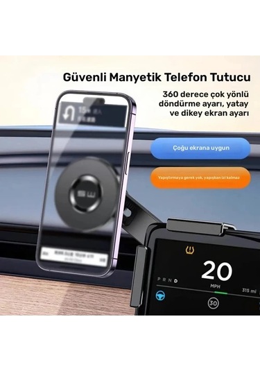 Honeybeeshop Tesla Araçlar İçin Siyah Silikon Koruma Titreşimi Önleyen Abs Malzemeli 360 Derece Dönebilen Manyetik Araç Telefon Tutucu