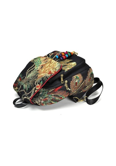 Siyah Vintage Kadın Sırt Çantası Nakış Tavuskuşu Payet Sırt Çantası Ulusal Boho Boncuk Seyahat Okul Çantası Siyah