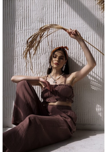 Harvey Kahve Müslin Crop Takım Kahve