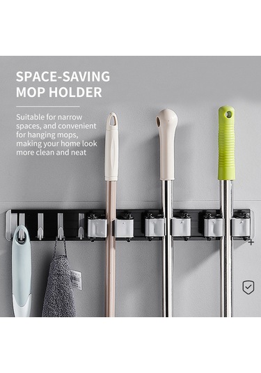 Suofeng 40cm Gri Uzay Alüminyum Süpürge Tutucu, 4 Kanca, Delikli/deliksiz Montaj, 12kg Yük Kapasitesi, Banyo/mutfak Organizatörü Gri