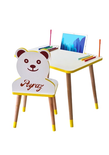 Çocuk Ders Çalışma Masa Sandalye Takımı 2-6 Yaş Sarı Ayıcıklı