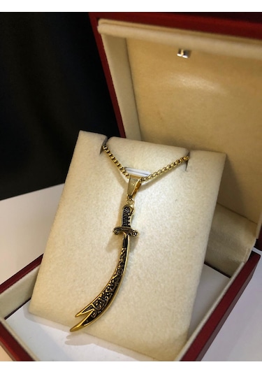 Zülfikar Kılıcı Hz.ali Altın Kaplama Çelik Kolye Işıklı Kutuda Sevgiliye Eşe Anneye Kolye Sarı