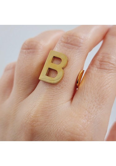 Çelik Gold Düz Kesim Harf Yüzük -b Harfi- Ayarlı Ölçü-1889 Altın