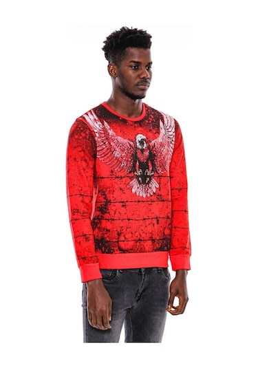 Wessi Kırmızı Baskılı Bisiklet Yaka Sweatshirt Kırmızı