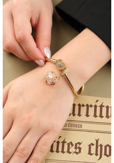 Çildan Womens Gold Özel Tasarım Zirkon Taşlı Çiçek Ve Kalp Detayl Altın - Gümüş - Rose