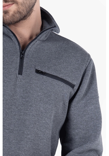 3 İplik Dik Yakalı Fermuarlı Sweatshirt Füme Melanj