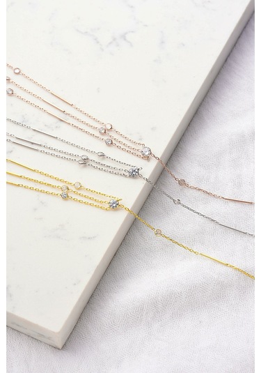 Queen Silver Jewelry 925 Ayar Gümüş, Zirkon Taşlı, Gümüş Çubuklu X Model Vücut Zinciri Altın