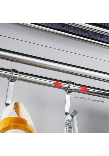 Novahub Çift Katmanlı Banyo Rafları, 4 Kancalı Havluluk, Duvara Monte, 23cm, Pratik Banyo Askısı Gümüş