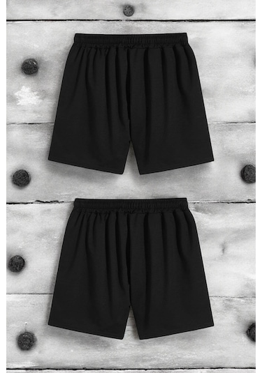 2'li Paket Unisex Pamuklu Rahat Penye Şort Siyah-siyah Siyah