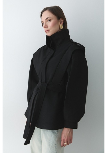 Siyah Apoletli Vatkalı Kaşe Kaban - 1005 Siyah