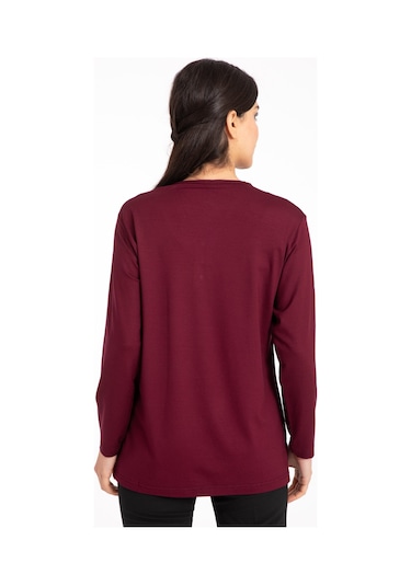 Kadın Orta Yaş ve Üzeri Dört Mevsim V Yaka Rahat Kalıp Likralı Viskoz Anne Penye Bluz 140-Vişne Çürüğü