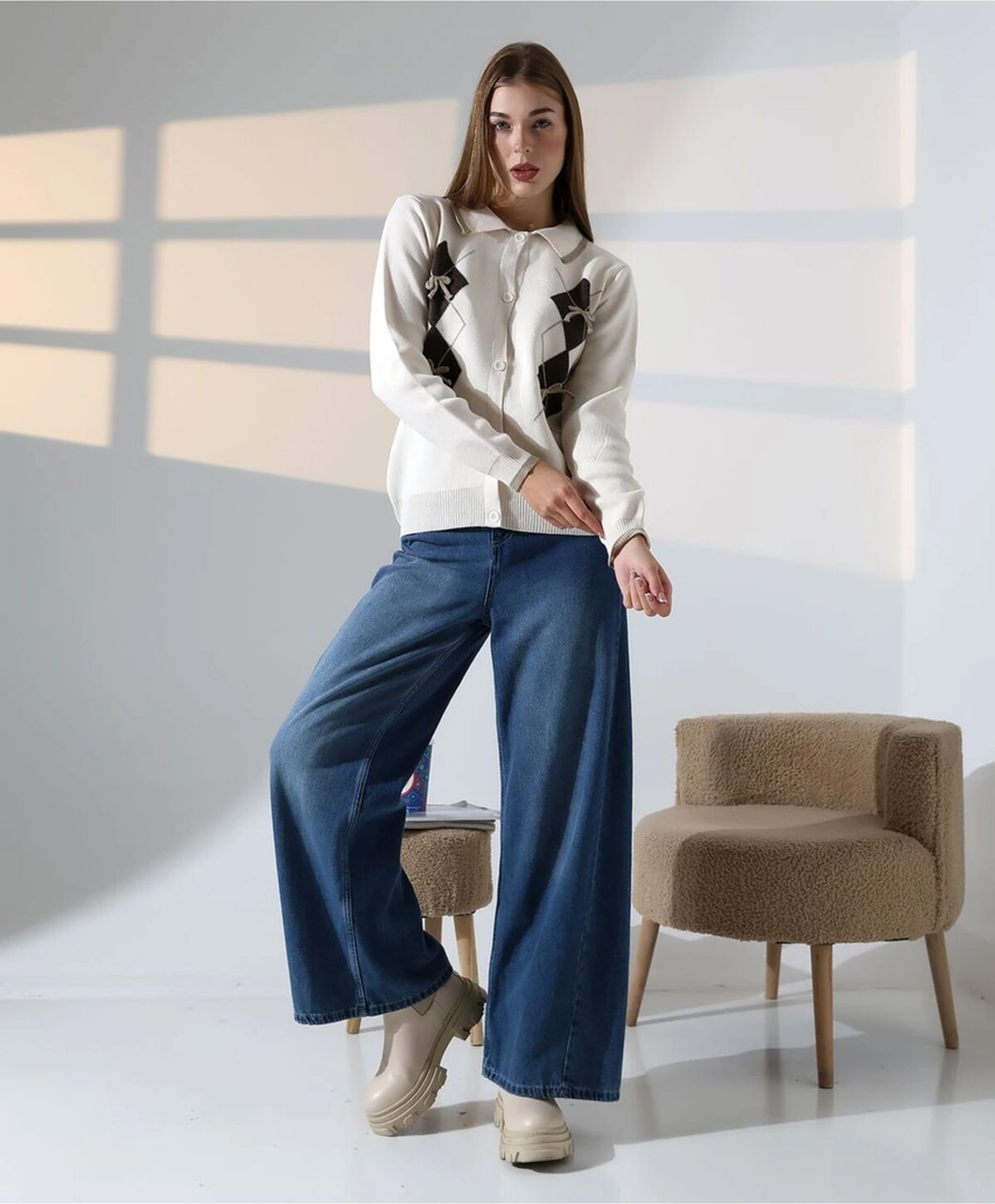 Baklava Desen Polo Yaka Kadın Kazak Taş