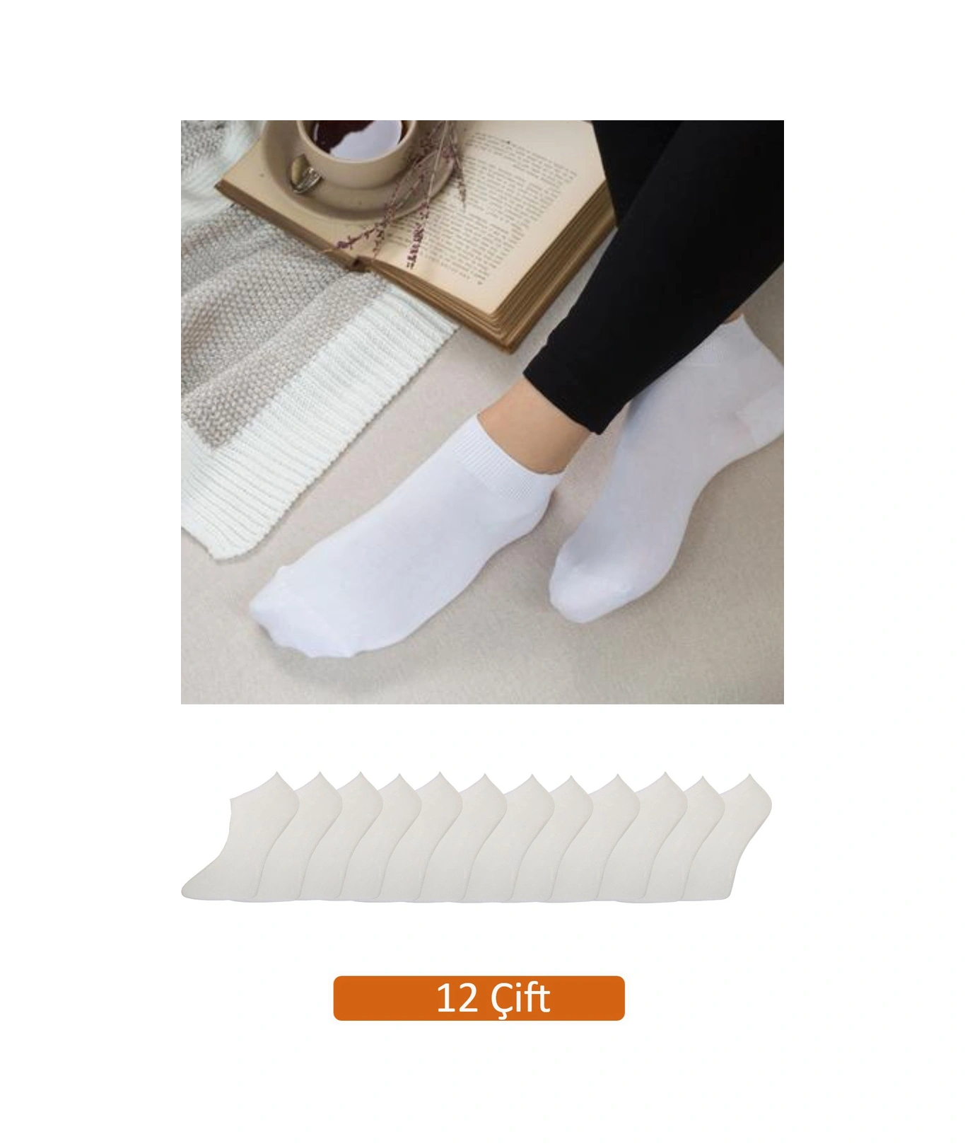 Kadın 12'li Paket Beyaz Bambu Patik Çorap Vk-patikbeyaz-12li