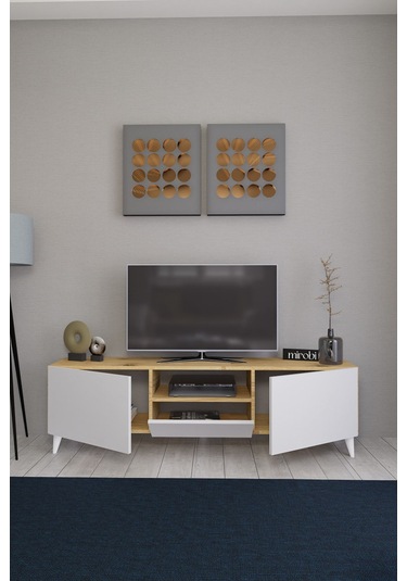 Bravix Modern Tv Ünitesi 3 Bölmeli Tv Sehpası Gövde Çam Kapaklı Beyaz - Antrasit