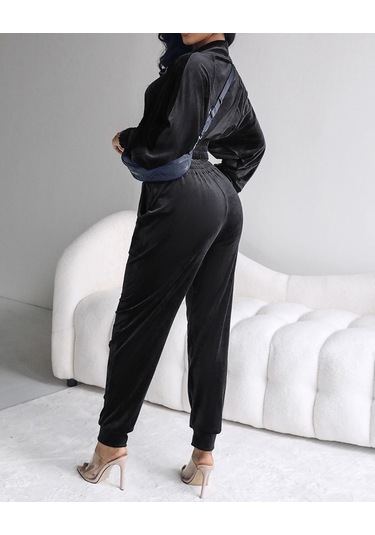 Soonaksesuar Kadın Uzun Kollu Önden Fermuarlı Krop Kadife Ceket Ve Pantolon Ikili Takım Siyah