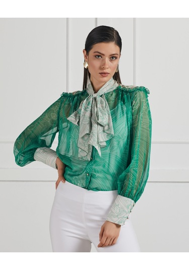 Fular Yaka Detaylı Transparan Desenli Gömlek Feminen Ve Şık Tasarım Yeşil