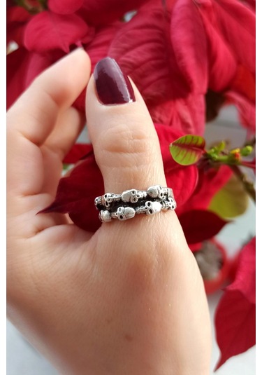 Antik Gümüş Kaplama Kurukafalar Şekilli El Yapımı Ayarlanabilir Yüzük