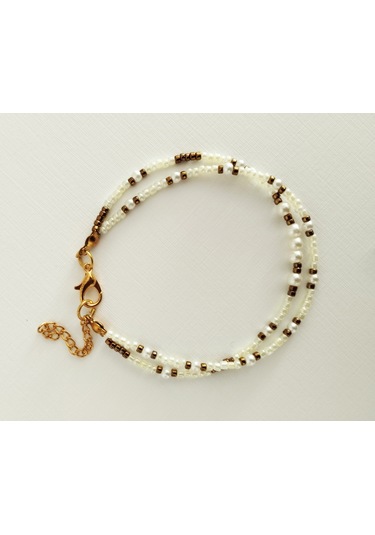 B214 İnci Boncuklu İkili Bileklik Altın - Beyaz