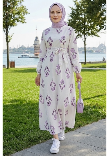 Bestenur Mayra Desenli Keten Elbise 1717 - Lila