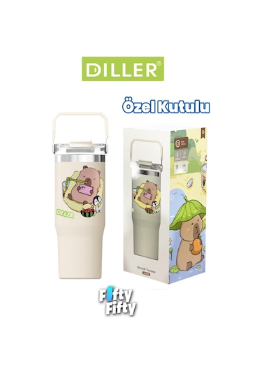Dıller Tumbler 950 Ml Tek Kapak Çift Kullanım Pipetli/pipetsiz Taşıma Kulplu Çelik Termos-ffdıllerd9358 Çok Renkli