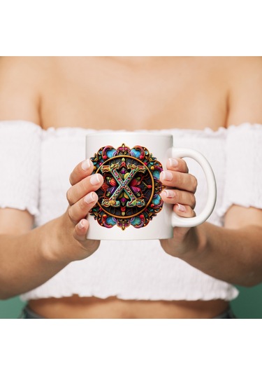 X Harfi Boho Bardak, Renkli Özel Tasarım Hediyelik Harfli Kupa, 330ml Porselen Beyaz