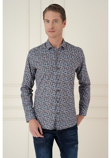 Slim Fit Baskılı %100 Pamuk Spor Mavi Gömlek G 1586 Mavi