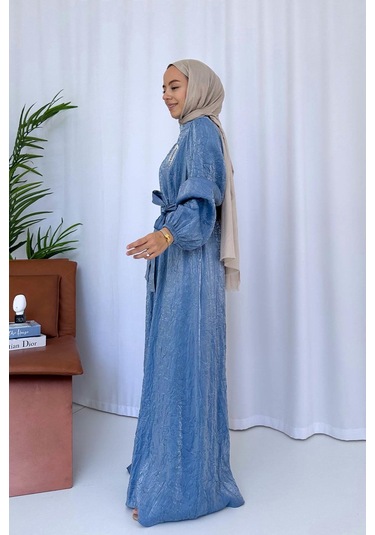 Broş Detay Elbise - Mavi