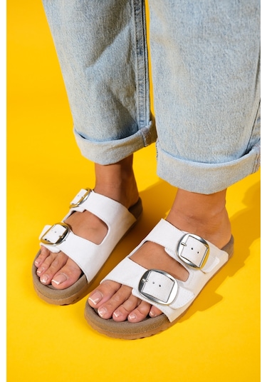 Ovesta Beyaz Süet Hakiki Deri Çift Bantlı Kadın Terlik Beyaz