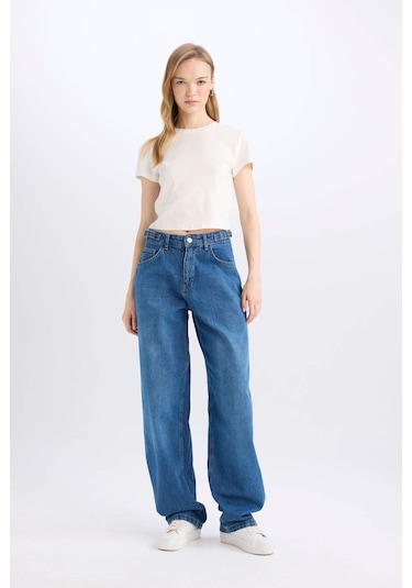 DeFacto Baggy Fit Yüksek Bel Uzun Jean Yıkamalı Pantolon E2156AX24WNNM34