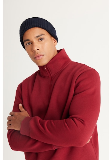 AC&Co / Altınyıldız Classics Standart Fit Normal Kesim İçi Polarlı Bato Yaka Pamuklu Erkek Sweatshirt Bordo