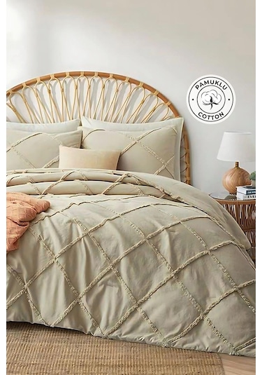 Evlen Home Pamuklu Aimar Yatak Örtüsü Takımı Çift Kişilik Günlük Boho 3 Parça Elyaf Dolgulu Bej Bej