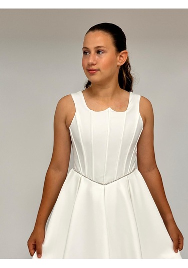 Kız Çocuk Abiye Krem Krep Kısa Bel İnce Şerit Taş Detaylı Taş Kısa Abiye Elbise 10-15 Yaş Krem