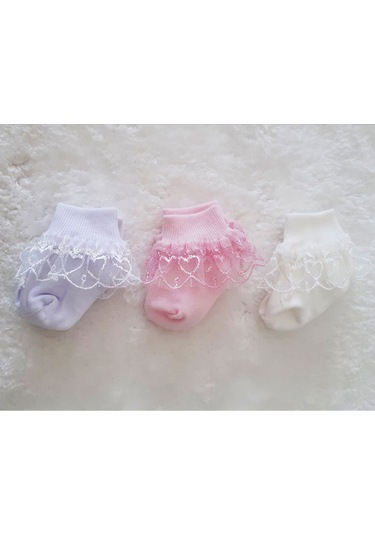 3lü Kız Bebek Dantelli Çorap Pamuklu Likralı Esnek Renkli Çok Renkli