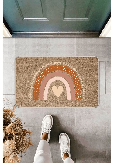 Bej Modern Love Kalp Desenli Kapı Önü Paspası Kp11