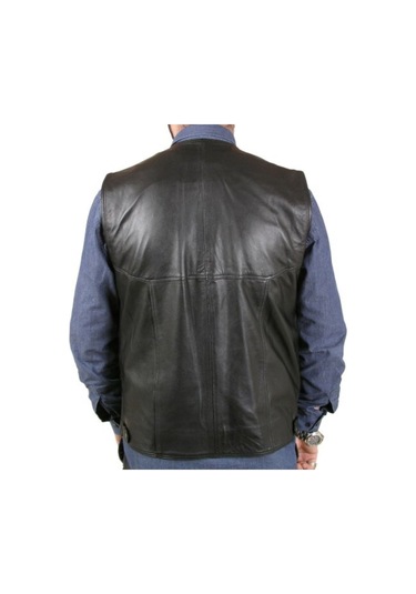 Hakiki Deri Siyah Oscar Düğmeli Erkek Deri Yelek Siyah