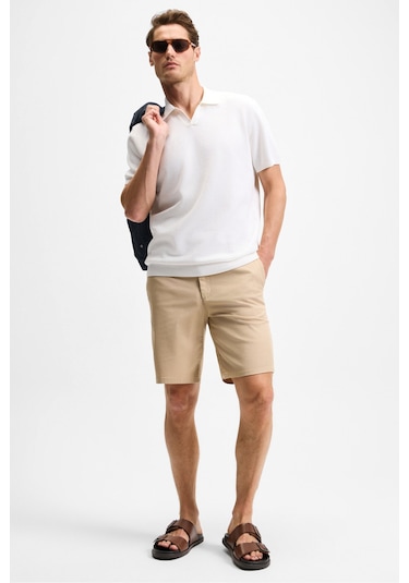 Grimelange TEEMO Erkek Yanları Cepli Fermuarlı Likralı Slim Fit Bej Şort