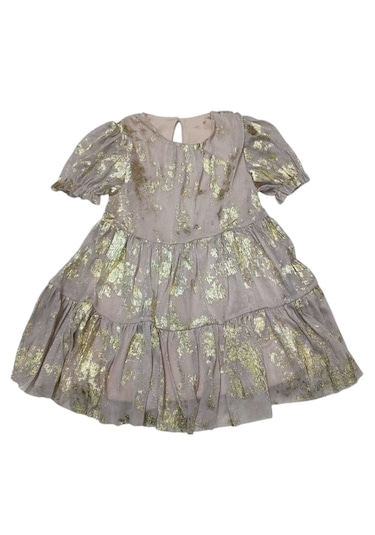 Kız Çocuk Yaldız Desenli Astarlı Sırtı Düğmeli Midi Boy Elbise Vizon