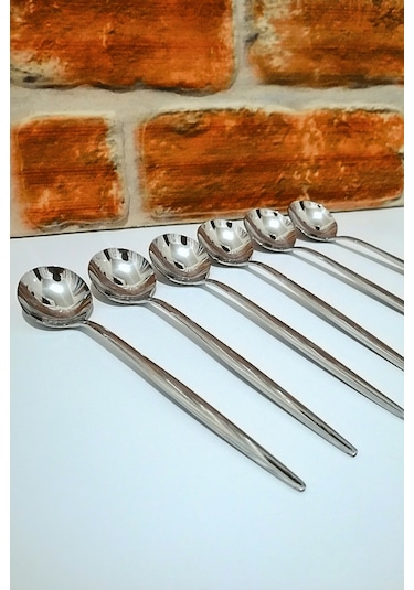 Paslanmaz Çelik 18/10 Uzun Sap Tatlı Kaşığı - 6 Adet - Sade Gümüş