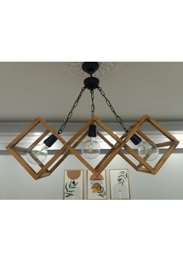 Doğal Eskitme 3'lü Ahşap Kare Çerçeveli Avize Siyah Zincir Askı