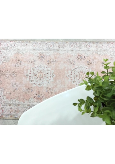 Bej Ve Gül Kurusu Eskitme Desenli Vintage Halı - H0061ou Pudra
