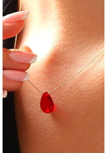 14 Ayar Altın Kolye Yakut Rengi Doğal Kırmızı Taş Altın Zincirli Kolye 45 Cm Uzunluk