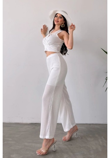 Kruvaze Yaka Crop Bluz Ve File Detaylı Pantolon Triko İkili Alt Üst Takım Beyaz Beyaz